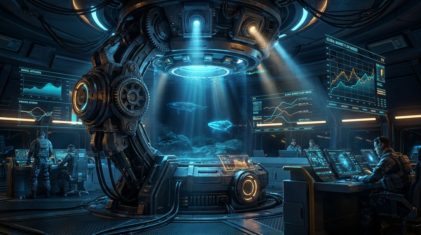 Cinematic high-contrast 3D concept illustration of a futuristic cybernetic mechanical navigation sonar radar in a high-tech naval control room scanning deep dark ocean waters for glowing blue cyber whales